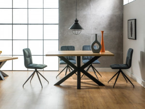 MASA DINING CROSS, 150 CM, STEJAR/NEGRU, BLAT DIN LEMN MASIV DE STEJAR SI PICIOARE DIN METAL, STIL MODERN
