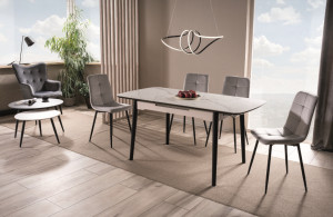 MASA DINING EXTENSIBILA,, 120/160 CM, EFECT DE MARMURA ALBA/NEGRU, BLAT DIN CERAMICA SI PICIOARE DIN LEMN, STIL MODERN - Img 2