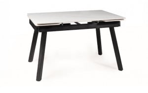 MASA DINING EXTENSIBILA, 120/180 CM, EFECT DE MARMURA ALBA/NEGRU, BLAT DIN CERAMICA SI PICIOARE DIN METAL, STIL MODERN - Img 4