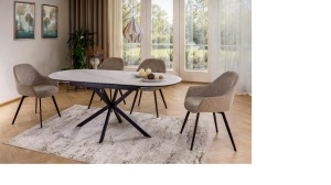 MASA DINING EXTENSIBILA GASTON, 140/180 CM ALB/NEGRU MAT, BLAT DIN CERAMICA SI PICIOARE DIN METAL, STIL MODERN - Img 1