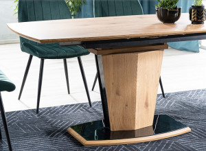 MASA DINING EXTENSIBILA HOUSTON, 120/160 CM, STEJAR/NEGRU, DIN MDF, FURNIR NATURAL SI STICLA SECURIZATA, STIL MODERN - Img 4