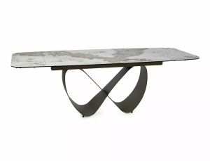 MASA DINING EXTENSIBILA INFINITY, 160/240 CM, EFECT DE MARMURA PANDORO/CUPRU, DIN CERAMICA, STICLA SI METAL, STIL MODERN - Img 12