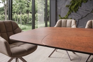 MASA DINING EXTENSIBILA INFINITY 180-220-260CM, REALIZATA DIN METAL SI BLAT DIN STICLA SI CERAMICA, CULOARE MARO RUGINIU/SAMPANIE - Img 10
