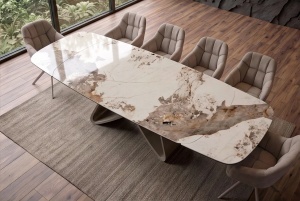 MASA DINING EXTENSIBILA INFINITY 180-220-260CM, REALIZATA DIN METAL SI BLAT DIN STICLA SI CERAMICA, CULOARE MARMURA/SAMPANIE - Img 13