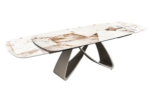 MASA DINING EXTENSIBILA INFINITY 180-220-260CM, REALIZATA DIN METAL SI BLAT DIN STICLA SI CERAMICA ITALIANA, CULOARE MARO-ALB/SAMPANIE