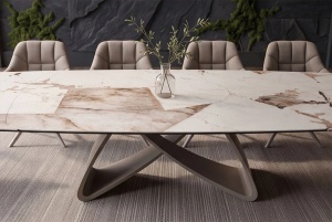 MASA DINING EXTENSIBILA INFINITY 180-220-260CM, REALIZATA DIN METAL SI BLAT DIN STICLA SI CERAMICA ITALIANA, CULOARE MARO-ALB/SAMPANIE - Img 11