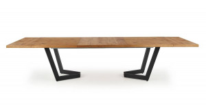 MASA DINING EXTENSIBILA MASSIVE, STEJAR/NEGRU, 160/250 CM, BLAT DIN FURNIR NATURAL SI PICIOARE DIN METAL, STIL VINTAGE - Img 8