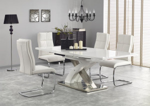 MASA DINING EXTENSIBILA SANDOR 2, ALB/CROM, 160/220 CM, BLAT DIN STICLA, MDF SI PICIOARE DIN METAL, STIL MODERN