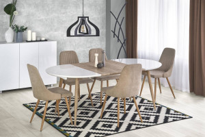 MASA DINING EXTENSIBILA STIL EDWARD, STEJAR SAN REMO/ALB, 120/200 CM, BLAT DIN MDF SI PICIOARE DIN METAL , STIL MODERN