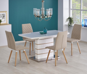 MASA DINING EXTENSIBILA TORONTO, ALB/STEJAR/CROM, 140/180 CM, BLAT DIN MDF, STICLA SI PICIOR DIN METAL, STIL MODERN