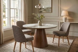MASA DINING ROTUNDA UNIQUE 120CM, REALIZATA DIN MATERIAL LEMNOS, FURNIR SI BLAT CERAMIC, CULOARE MARMURA ALBA/MARO, INVICTA INTERIOR - Img 3