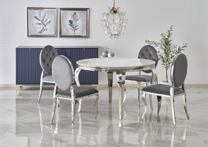 MASA DINING STIL REGINALD, 120 CM, EFECT DE MARMURA ALBA/CROM, BLAT DIN MARMURA SI PICIOARE DIN METAL, STIL MODERN