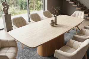 MASA DINING UNIQUE 200CM, REALIZATA DIN FURNIR DE STEJAR, BLAT CERAMIC CULOARE BEJ/NATUR, INVICTA INTERIOR - Img 8