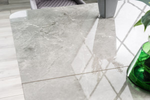 MASA EXTENSIBILA, 160/210 CM, EFECT DE MARMURA GRI/NEGRU MAT, DIN CERAMICA, MDF SI METAL, STIL MODERN - Img 5