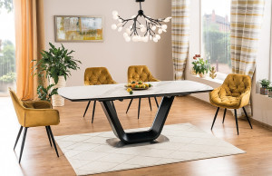 MASA EXTENSIBILA, 160/220 CM, EFECT DE MARMURA ALBA/NEGRU MAT/CROM, DIN CERAMICA, MDF SI METAL, STIL MODERN