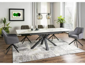 MASA EXTENSIBILA COLUMBUS, EFECT DE MARMURA ALBA/NEGRU MAT, 160/240 CM, DIN STICLA SECURIZATA, CERAMICA SI METAL, STIL MODERN