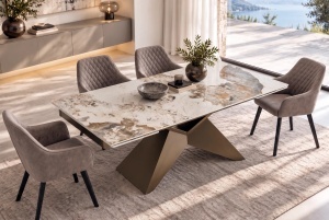 MASA EXTENSIBILA DINING DIAMOND 180/220/260CM, REALIZATA DIN METAL SI CERAMICA PANDORA, CU ASPECT DE MARMURA ALB/MARO SI CULOARE BRONZ - Img 2