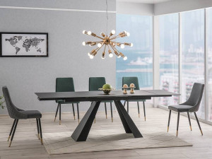 MASA EXTENSIBILA DINING, NEGRU MAT, 160/240 CM, BLAT DIN STICLA SECURIZATA SI PICIOARE DIN METAL, STIL MODERN