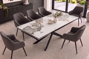 MASA EXTENSIBILA EUPHORIA 180-260CM, REALIZATA DIN METAL SI BLAT STICLA SI CERAMICA, DE CULOARE MARMURA ALB GRI - Img 4