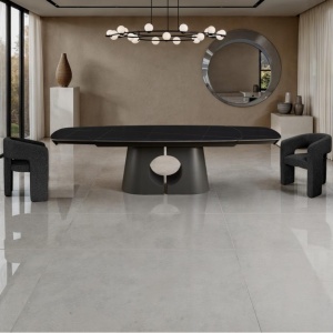 Masă extensibilă Yatta din marmură neagră, marmură neagră lucioasă, ceramică, bază metalică gri mat, H.75 A.100 L.200/250/300 cm - Img 8