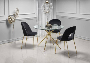 MASA LIVING RONDO, TRANSPARENT/AURIU, 110 CM, BLAT DIN STICLA SI PICIOARE DIN METAL, STIL MODERN, HALMAR