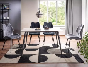 MASA RION 130X70 CU BLAT DIN CERAMICA CU EFECT DE MARMURA SI PICIOARE DIN METAL, ALB/NEGRU, STIL MODERN