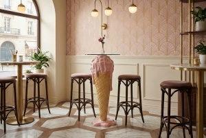 MASUTA BAR COFETARIE, ICE CREAM 105CM, ICE CREAM, REALIZAT DIN FIBRA DE STICLA SI STICLA, CULOARE ROZ/BEJ, REALIZAT MANUAL, ARTIM GROUP SELECTION - Img 3