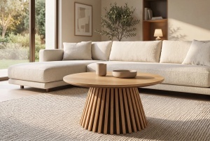 MASUTA DE CAFEA ROTUNDA VALHALLA 70CM, REALIZATA DIN LEMN DE STEJAR SI BLATUL DIN MDF SI FURNIR STEJAR, CULOARE NATUR - Img 2