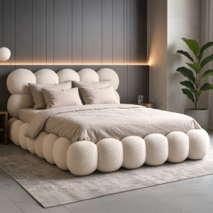 PAT 140X200CM, ARTIM MEBLE, CU SPATIU DE DEPOZITARE, REALIZAT DIN TEXTIL BOUCLE CREM, STIL MODERN