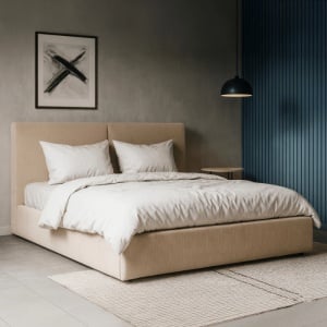 PAT 160X200CM, ARTIM MEBLE, CU SPATIU DE DEPOZITARE, REALIZAT DIN CATIFEA RAIAT BEJ, STIL MODERN