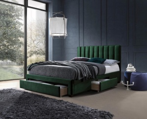 PAT DORMITOR GRACE VERDE, CU SPATIU DE DEPOZITARE, 140X200 CM, DIN LEMN MASIV SI CATIFEA, STIL MODERN