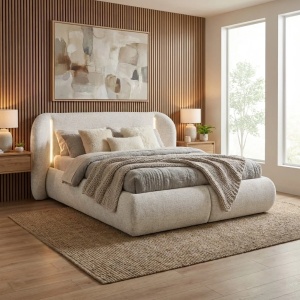 PAT TAPITAT CU ILUMINARE 160X 200CM, STRUCTURA DIN LEMN, SOMIERA RABATABILA, DESIGN EXCLUSIVIST, CULOARE CREM
