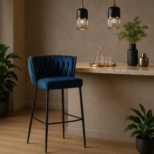 SCAUN BAR, ARTIM MEBLE, REALIZAT DIN CATIFEA SI METAL, CULOARE ALBASTRU/NEGRU, STIL MODERN - Img 2