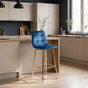 SCAUN BAR, ARTIM MEBLE, REALIZAT DIN CATIFEA SI METAL, CULOARE ALBASTRU/AURIU, STIL MODERN