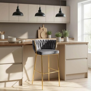 SCAUN BAR, ARTIM MEBLE, REALIZAT DIN CATIFEA SI METAL, CULOARE GRI/AURIU, STIL MODERN