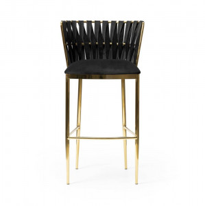 SCAUN DE BAR HORDIA, 60 CM, NEGRU/AURIU, TAPITERIE DIN CATIFEA SI PICIOARE DIN METAL, STIL MODERN - Img 6
