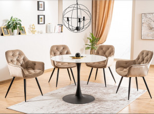 SCAUN DINING CHERRY, BEJ BLUVEL 28/NEGRU MAT, TAPITERIE DIN CATIFEA SI PICIOARE DIN METAL, STIL MODERN - Img 3