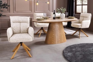 Set 2 Scaune Big George, rotativ la 360° cu revenire automată, husă din material textil structurat, culoarea gri șampanie, cu cadru din lemn de stejar - Img 7