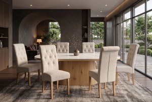 SET 2 SCAUNE DINING CASA, CU PICIOARE DIN LEMN SI TEXTIL BOUCLE TWEED, CULOARE BEJ - Img 4