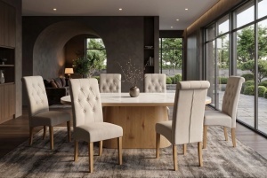 SET 2 SCAUNE DINING CASA, CU PICIOARE DIN LEMN SI TEXTIL, CULOARE BEJ - Img 4