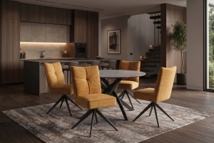 SET 2 SCAUNE ROTATIVE 360 GRADE, LUGANO, REALIZAT DIN METAL SI TEXTIL CATIFEA, CULOARE GALBEN MUSTAR/NEGRU - Img 5
