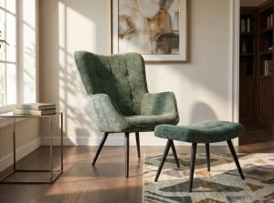 SET FOTOLIU SI TABURET SCANDINAVIA, DIN METAL SI TEXTIL CHENILLE, CULOARE VERDE, INVICTA INTERIOR