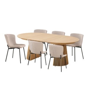SET MASA SI 6 SCAUNE, DIN LEMN, METAL SI TEXTIL, CULOARE BEJ/NATUR, HOUSE NORDIC