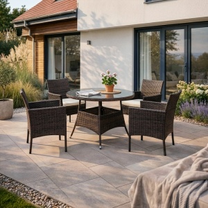 SET MOBILIER GRADINA, ARTIM MEBLE, MASA SI 4 SCAUNE, REALIZATA DIN POLIRATAN, CULOARE MARO/BEJ, STIL MODERN