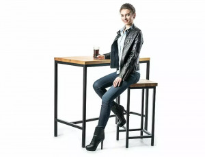 STOC!!! MASA DE BAR METRO, 110 CM, STEJAR/NEGRU, BLAT DIN FURNIR NATURAL SI PICIOARE DIN METAL, STIL MODERN - Img 3