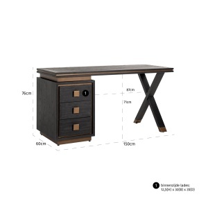 BIROU HUNTER, 150 CM, NEGRU/AURIU ANTICHIZAT, DIN FURNIR DE STEJAR SI METAL, RICHMOND INTERIORS - Img 10
