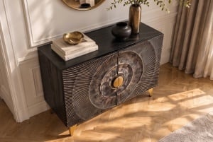 BUFET LIVING GOLDEN SUNSET 100CM, MODEL 3D, REALIZAT DIN LEMN DE MANGO SI PICIOARE DIN METAL, CULOARE NEGRU/AURIU - Img 4