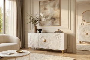 BUFET LIVING GOLDEN SUNSET 140CM, REALIZAT DIN LEMN DE MANGO, DE CULOARE ALB/AURIU, MODEL 3D, ARTIM GROUP - Img 7
