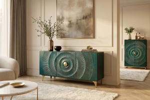 BUFET LIVING GOLDEN SUNSET 140CM, REALIZAT DIN LEMN DE MANGO, DE CULOARE TURCOAZ/AURIU, MODEL 3D, ARTIM GROUP