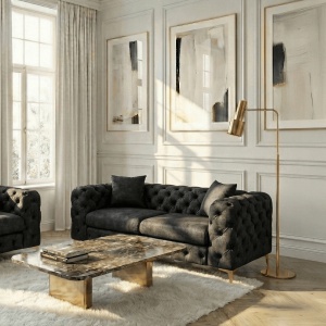 CANAPEA DEOSEBITA 2 LOCURI, ARTIM MEBLE, MATERIAL TEXTIL( CATIFEA) SI SUPORT METALIC, CULOARE NEAGRA/AURIU, STIL MODERN - Img 2